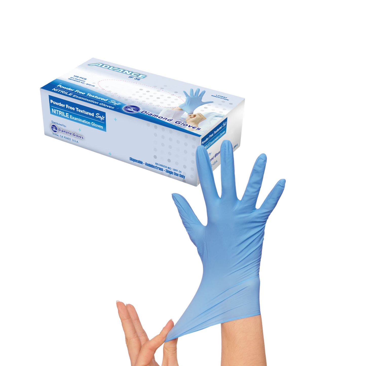 Blue Nitrile Glove Exam Grade 3.5mil Diamond Advance (10 Boxes / Case, 1,000 Count)