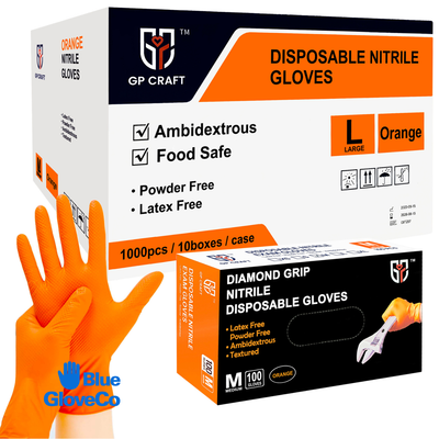 8 Mil Orange Nitrile Gloves, Disposable Powder Free (Case of 1000 pcs)