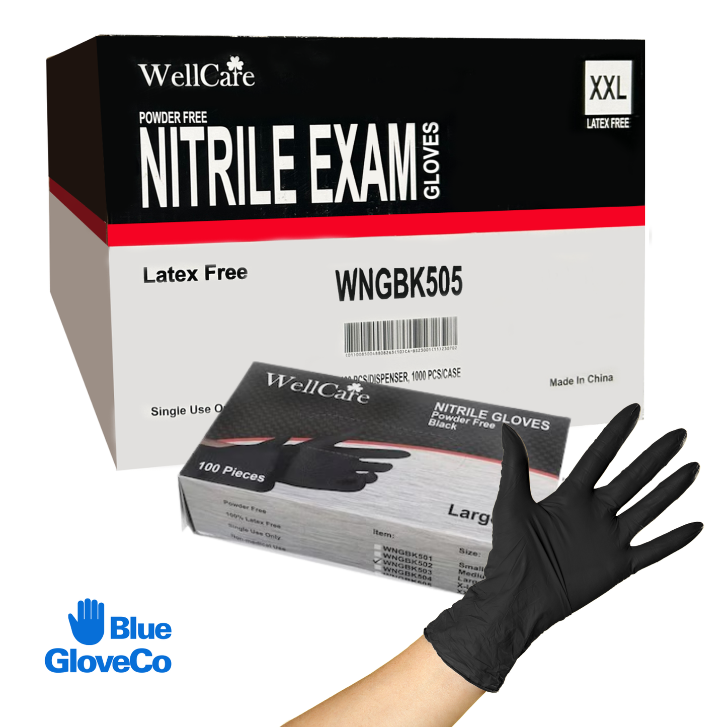 5 Mil Wellcare Black Nitrile Gloves, Disposable Powder Free (Count of 1000 pcs)