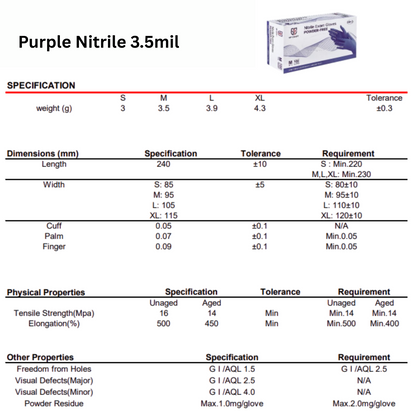 3.5 Mil Purple Nitrile Gloves, Disposable Powder Free (Case of 1000 pcs)